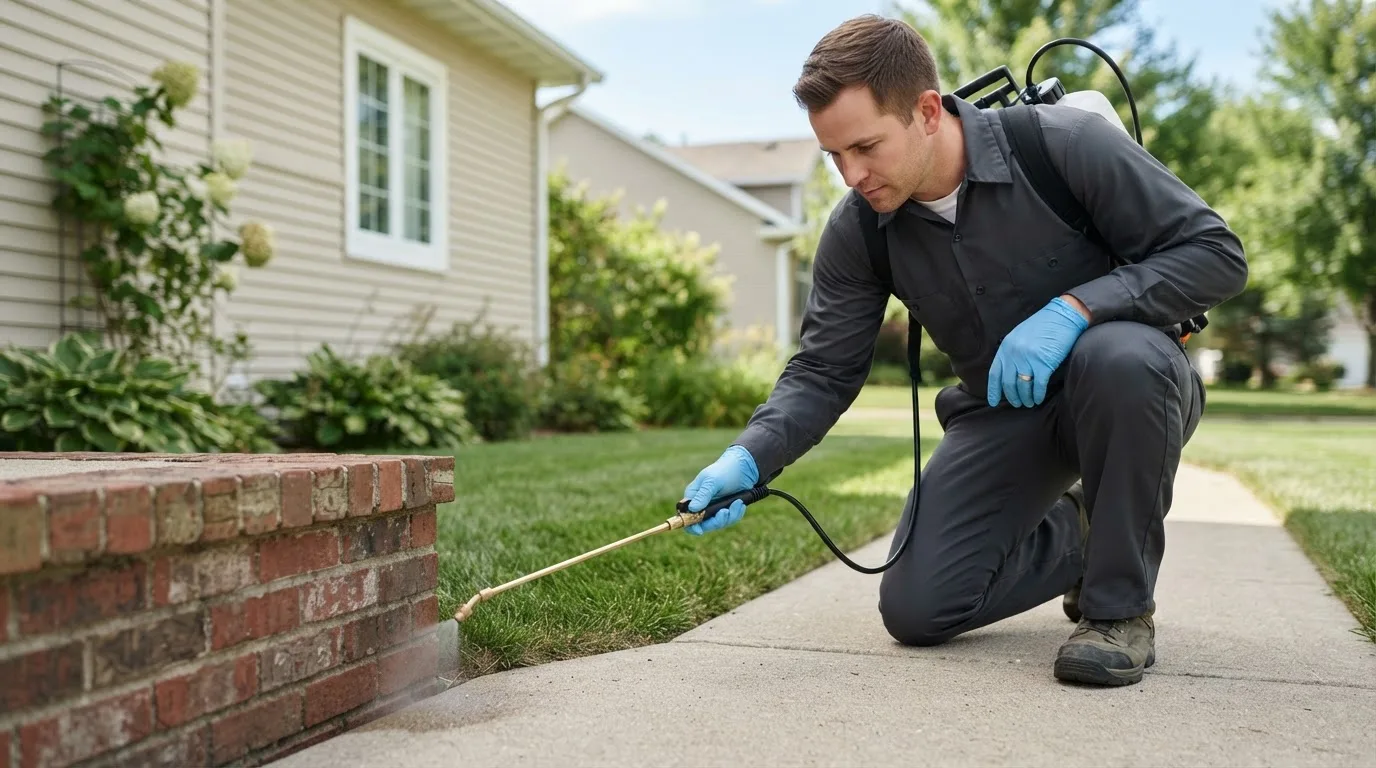 Pest control technician treating a home near Taylorville, IL